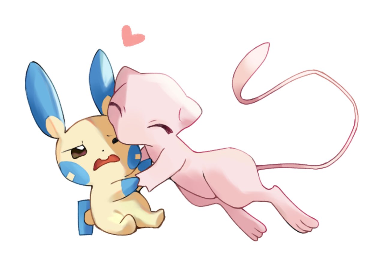 brown_eyes closed_eyes colored_skin commentary_request heart mew_(pokemon) minun no_humans pink_skin pokemon pokemon_(creature) rongai28 simple_background sitting tail white_background wince