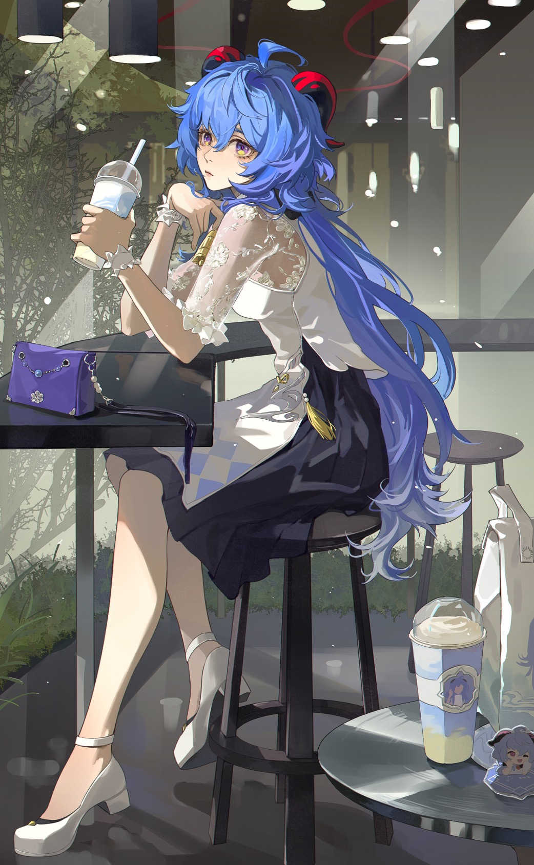 1girl ahoge anklet bar_stool bell black_skirt blue_hair cafe closed_mouth cup disposable_cup dress drinking_straw elbows_on_table from_side full_body ganyu_(genshin_impact) ganyu_(heytea)_(genshin_impact) genshin_impact glass goat_horns grass hanging_light highres holding holding_cup horns indoors jewelry long_hair looking_to_the_side medium_skirt neck_bell official_alternate_costume on_stool plant purple_bag purple_eyes royan see-through see-through_sleeves short_sleeves sitting skirt solo stool white_bag white_dress white_footwear wrist_cuffs