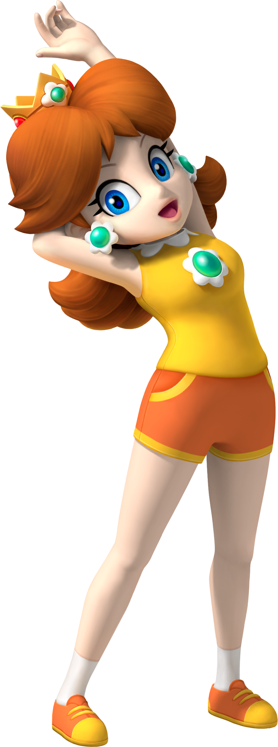 1girl :d absurdres arm_up blue_eyes breasts brown_hair crown earrings flower_earrings full_body highres jewelry long_hair looking_at_viewer mario_&amp;_sonic_at_the_olympic_games mario_(series) official_alternate_costume official_art open_mouth orange_shorts princess_daisy shirt shoes short_shorts shorts sleeveless smile sneakers solo sportswear standing stretching tennis_daisy transparent_background