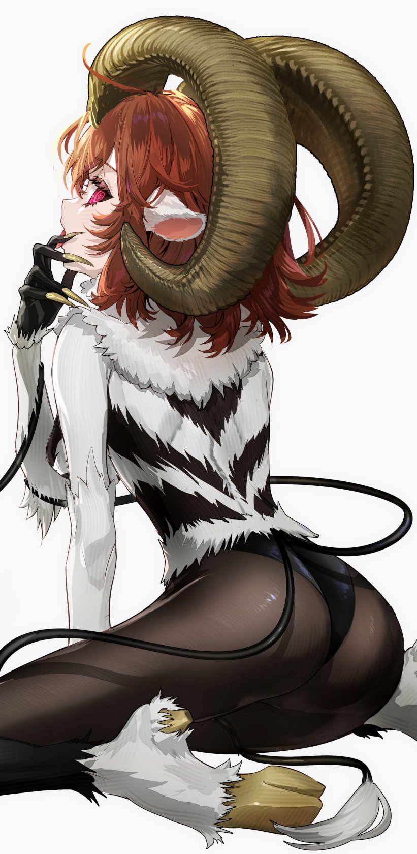 1girl @_@ animal_ears arm_support ass back body_fur breasts cosplay dark_young_(fate) dark_young_(fate)_(cosplay) demon_girl demon_horns fate/grand_order fate_(series) fingernails from_behind fujimaru_ritsuka_(female) galibo goat_ears goat_horns goat_legs goat_tail hand_on_own_face highres hooves horns kneeling long_fingernails looking_at_viewer looking_back medium_breasts monsterification multiple_tails open_mouth orange_hair pink_eyes sharp_fingernails short_hair sideboob simple_background solo tail tongue tongue_out white_background