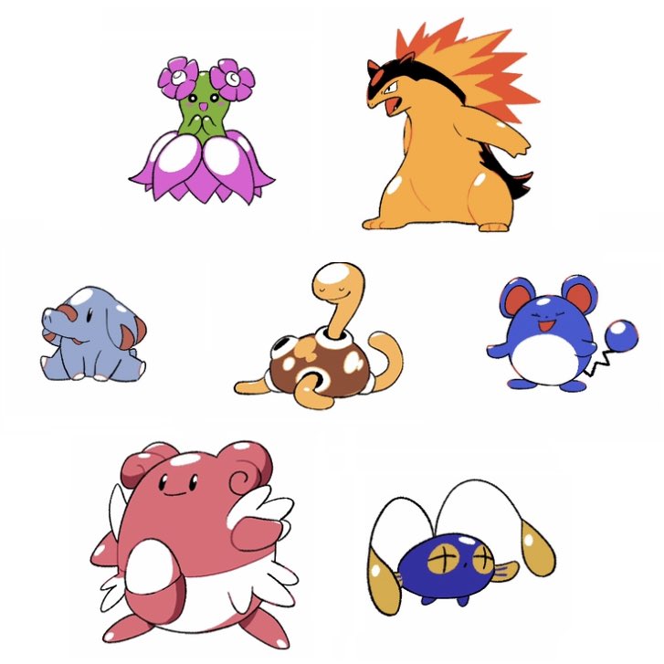 :d bellossom black_eyes blissey blush bright_pupils chinchou closed_eyes closed_mouth fire marill no_humans open_mouth phanpy pokemon pokemon_(creature) shuckle simple_background sitting smile tongue tyako_089 typhlosion u_u white_background white_pupils