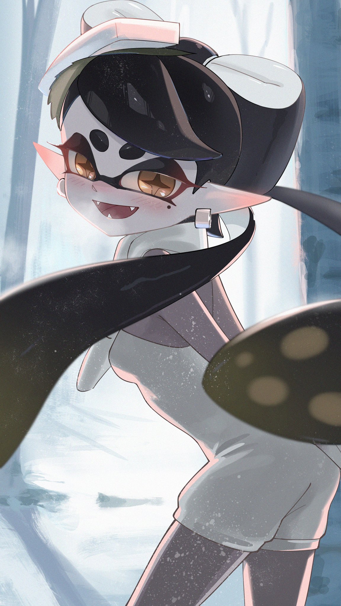 1girl black_hair blush bow-shaped_hair breath callie_(splatoon) commentary_request earrings fangs food food_on_head highres hoop_earrings jewelry long_hair looking_at_viewer looking_back mole mole_under_eye object_on_head open_mouth outdoors pointy_ears snow solo splatoon_(series) splatoon_3 star-shaped_pupils star_(symbol) sushi symbol-shaped_pupils takkun0926 tentacle_hair thick_eyebrows tree yellow_eyes