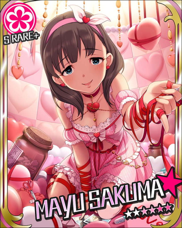 blue_eyes blush breasts brown_hair card_(medium) character_name cleavage collar earrings flower flower_(symbol) hair_ribbon hairband heart heart-shaped_pupils heart_earrings idolmaster idolmaster_cinderella_girls jewelry looking_at_viewer medium_breasts official_art open_mouth red_ribbon ribbon sakuma_mayu short_hair shoulder_necklace smile solo symbol-shaped_pupils