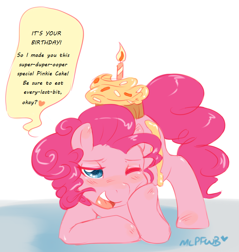 birthday blue_eyes blush cake candle english_text equine female feral food friendship_is_magic hair horse mammal my_little_pony open_mouth pink_hair pinkie_pie_(mlp) pony solo suggestive text