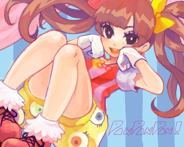 bow brown_hair drawr eyeball gloves hair_bow kyary_pamyu_pamyu monokuro69 ponponpon puffy_sleeves smile twintails