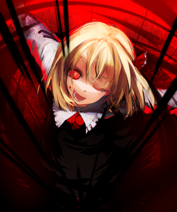 ;d black_dress blonde_hair blood chirigami-san darkness dress hair_ribbon head_tilt long_sleeves looking_at_viewer one_eye_closed open_mouth outstretched_arms perspective red_background red_eyes red_neckwear red_ribbon ribbon rumia shirt smile solo touhou white_shirt