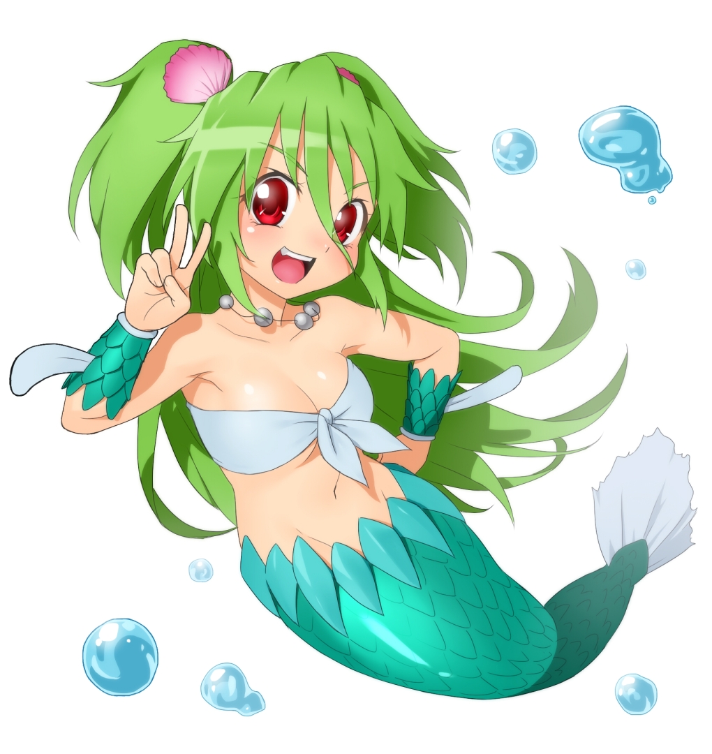 bubble green_hair jewelry long_hair mermaid monster_girl muromi-san namiuchigiwa_no_muromi-san necklace onsoku_maru open_mouth red_eyes scales seashell shell smile solo twintails two_side_up v water