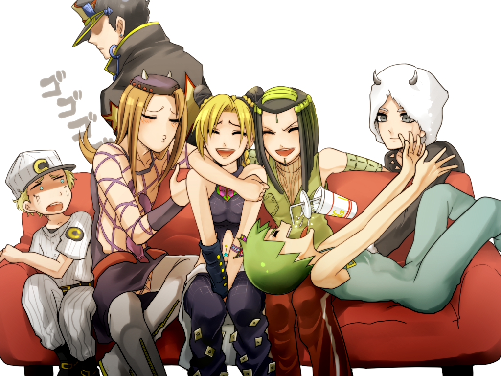 4boys bad_id bad_pixiv_id couch drink emporio_alnino ermes_costello foo_fighters jojo_no_kimyou_na_bouken kuujou_jolyne kuujou_joutarou multiple_boys multiple_girls nabuta375 narciso_anasui o3o stone_ocean weather_report