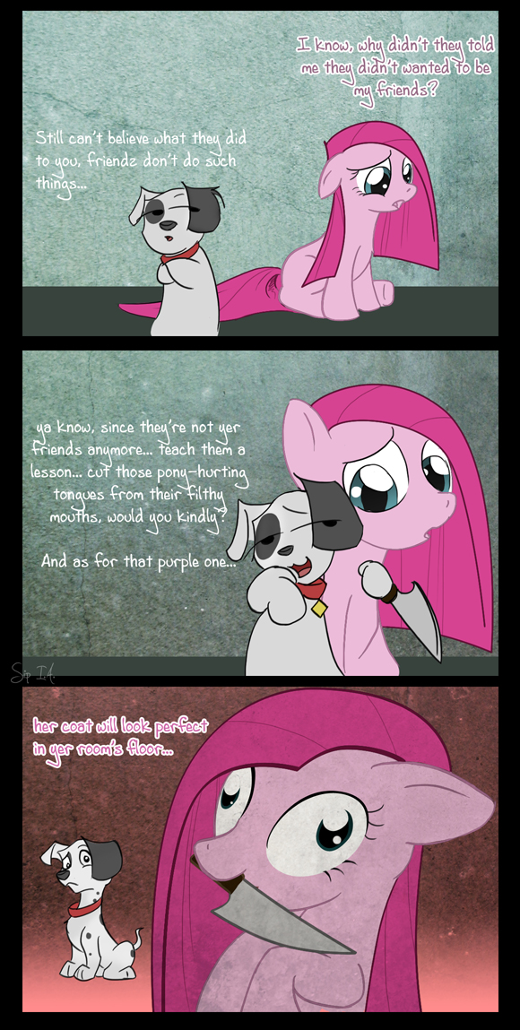 blue_eyes canine collar comic dalmatian dog equine female feral friendship_is_magic hair horse knife mammal my_little_pony navel open_mouth pink_hair pinkamena_(mlp) pinkie_pie_(mlp) pip_(artist) pony weapon