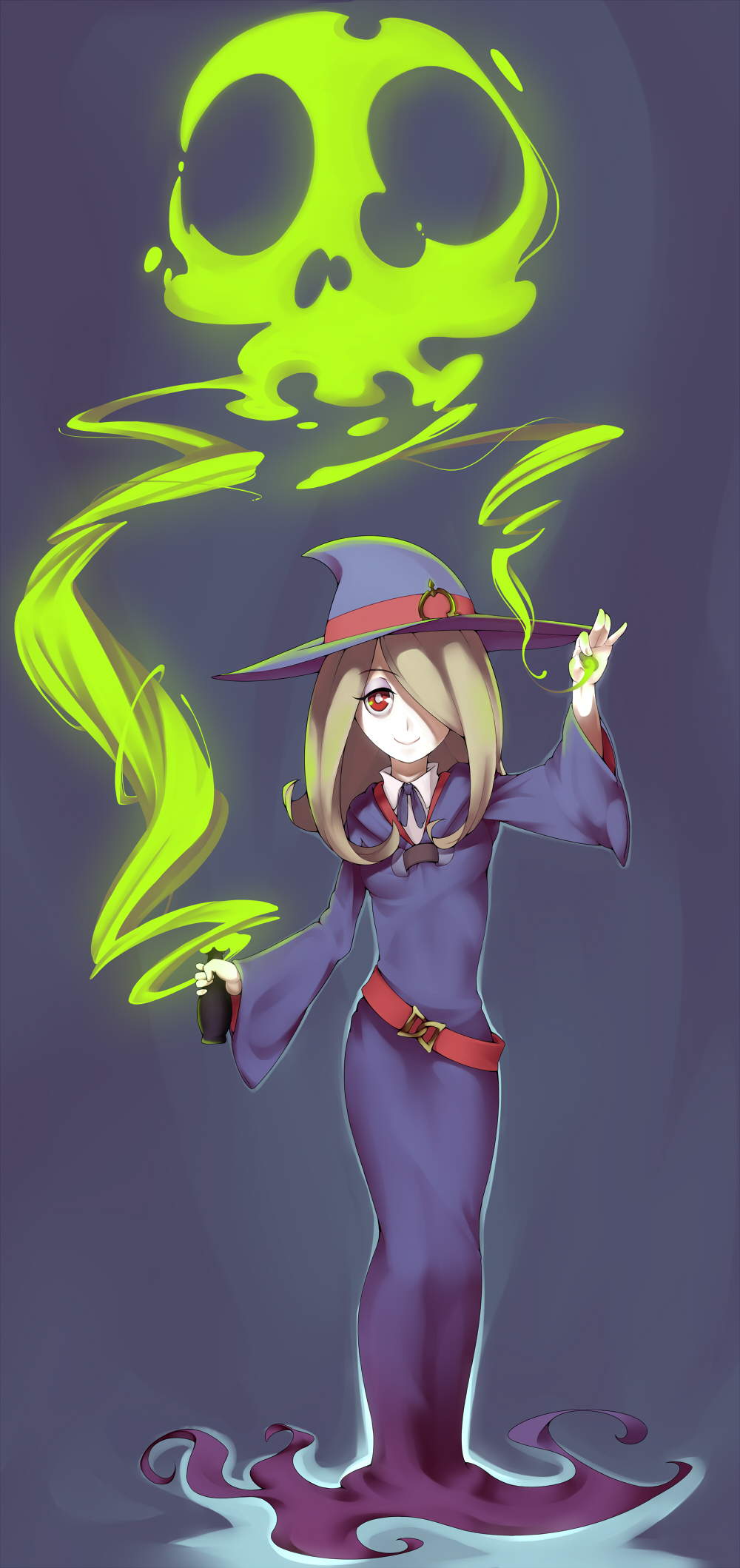 arantheus blonde_hair bottle hair_over_one_eye hat highres little_witch_academia looking_at_viewer non-web_source pale_skin poison red_eyes skull smile solo sucy_manbavaran witch_hat