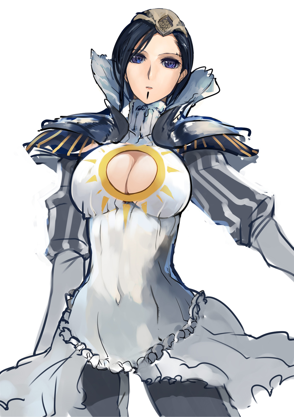 blue_eyes blue_hair breasts cleavage cleavage_cutout covered_navel highres large_breasts magic:_the_gathering pantyhose parted_lips pauldrons pupps short_hair simple_background sketch solo teysa_karlov white_background