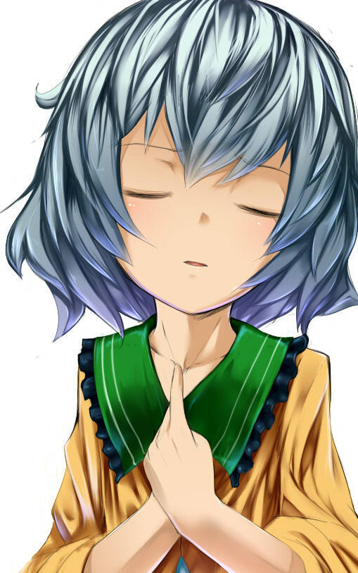 bad_id bad_pixiv_id blue_hair closed_eyes hands_on_own_chest komeiji_koishi mantarou_(shiawase_no_aoi_tori) no_hat no_headwear short_hair simple_background solo touhou white_background