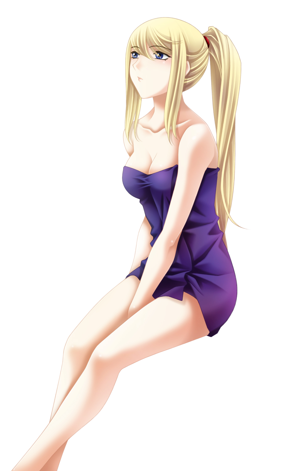 blonde_hair blue_eyes breasts cleavage highres long_hair looking_up medium_breasts metroid naked_towel ponytail samus_aran sitting solo tamamon towel