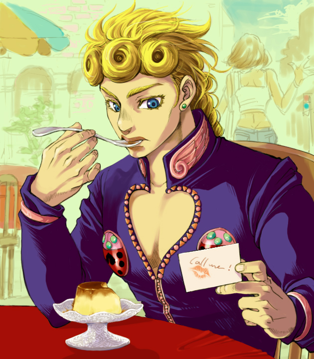 blonde_hair blue_eyes bug cake_stand card chair eating english food giorno_giovanna insect jojo_no_kimyou_na_bouken ladybug lipstick_mark merumeru626 pudding sitting solo_focus spoon table tablecloth
