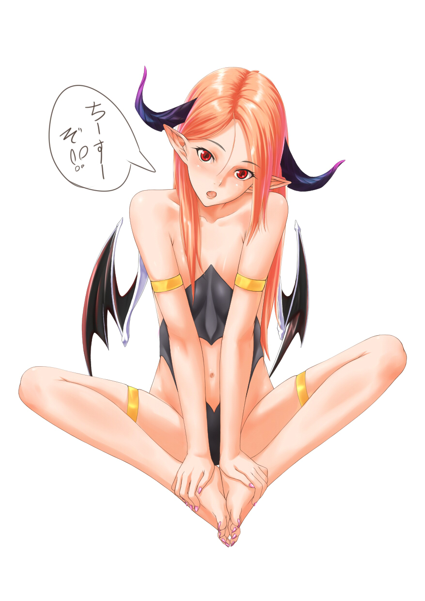 :o armband bad_id bad_pixiv_id barefoot butterfly_sitting demon_girl demon_wings fang feet hands_on_feet head_tilt highres horns legs long_hair looking_at_viewer nail_polish navel open_mouth orange_hair original pointy_ears red_eyes ruby-eye simple_background sitting slit_pupils solo thigh_strap toenail_polish toes white_background wings