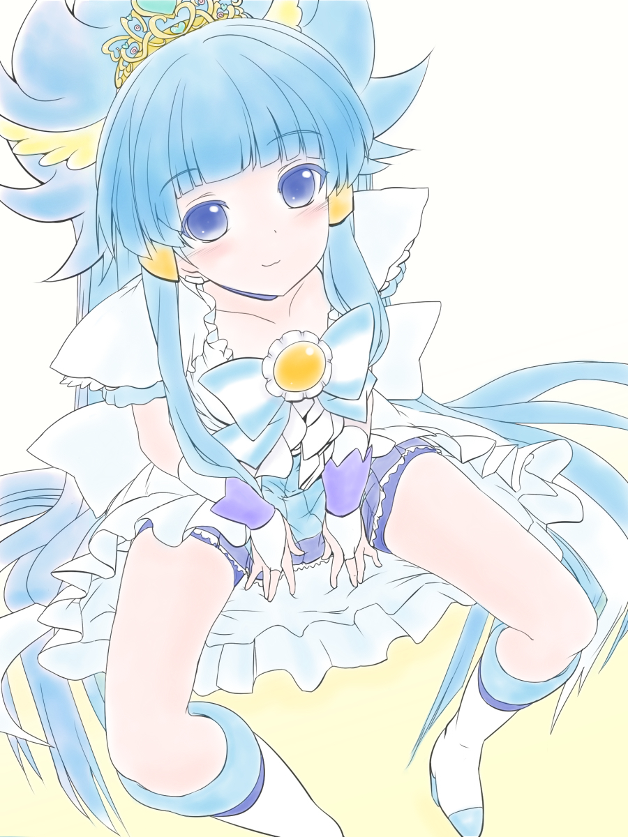 aoki_reika blue blue_eyes blue_hair boots bow colorized cure_beauty earrings hair_tubes highres jewelry knee_boots long_hair looking_at_viewer mits_(m33) precure princess_form_(smile_precure!) shorts shorts_under_skirt sitting skirt smile smile_precure! solo tiara very_long_hair