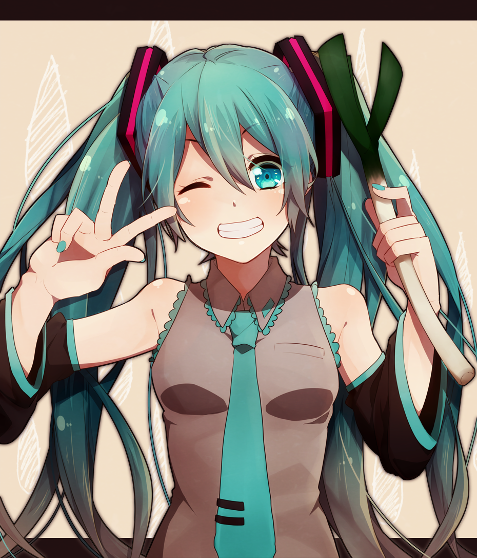 detached_sleeves green_eyes green_hair grin hatsune_miku long_hair nail_polish necktie nora_usagi one_eye_closed skirt smile solo spring_onion twintails v very_long_hair vocaloid