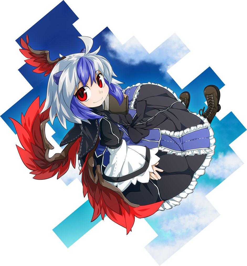 blue_hair boots byourou cross-laced_footwear dress head_wings horns lace-up_boots multicolored_hair red_eyes red_wings short_hair silver_hair single_head_wing smile solo tokiko_(touhou) touhou two-tone_hair wings