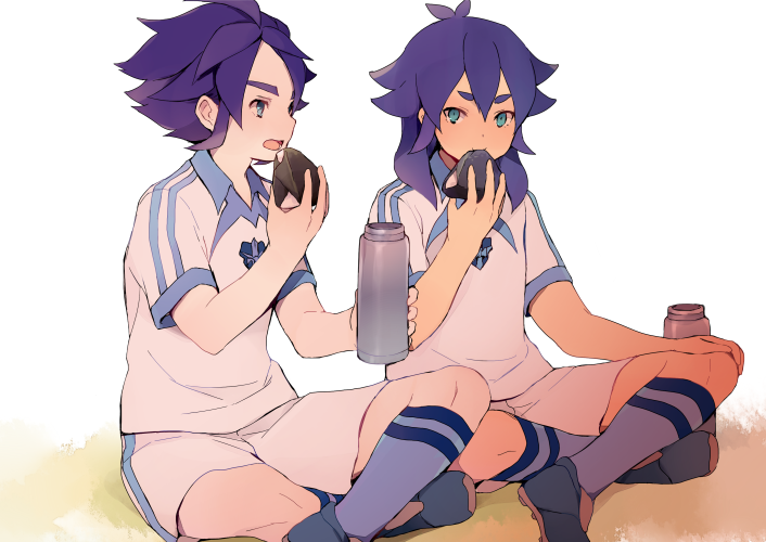 bad_id bad_pixiv_id eating inazuma_eleven_(series) inazuma_eleven_go kishibe_taiga male_focus multiple_boys purple_hair sitting soccer_uniform sportswear tokio_neo white_background