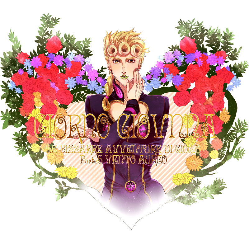 blonde_hair braid bug daisy floral_background flower giorno_giovanna green_lipstick hand_on_own_cheek insect jojo_no_kimyou_na_bouken konoyasoul ladybug lipstick long_sleeves looking_at_viewer makeup male_focus red_flower red_rose rose solo text_focus yellow_eyes