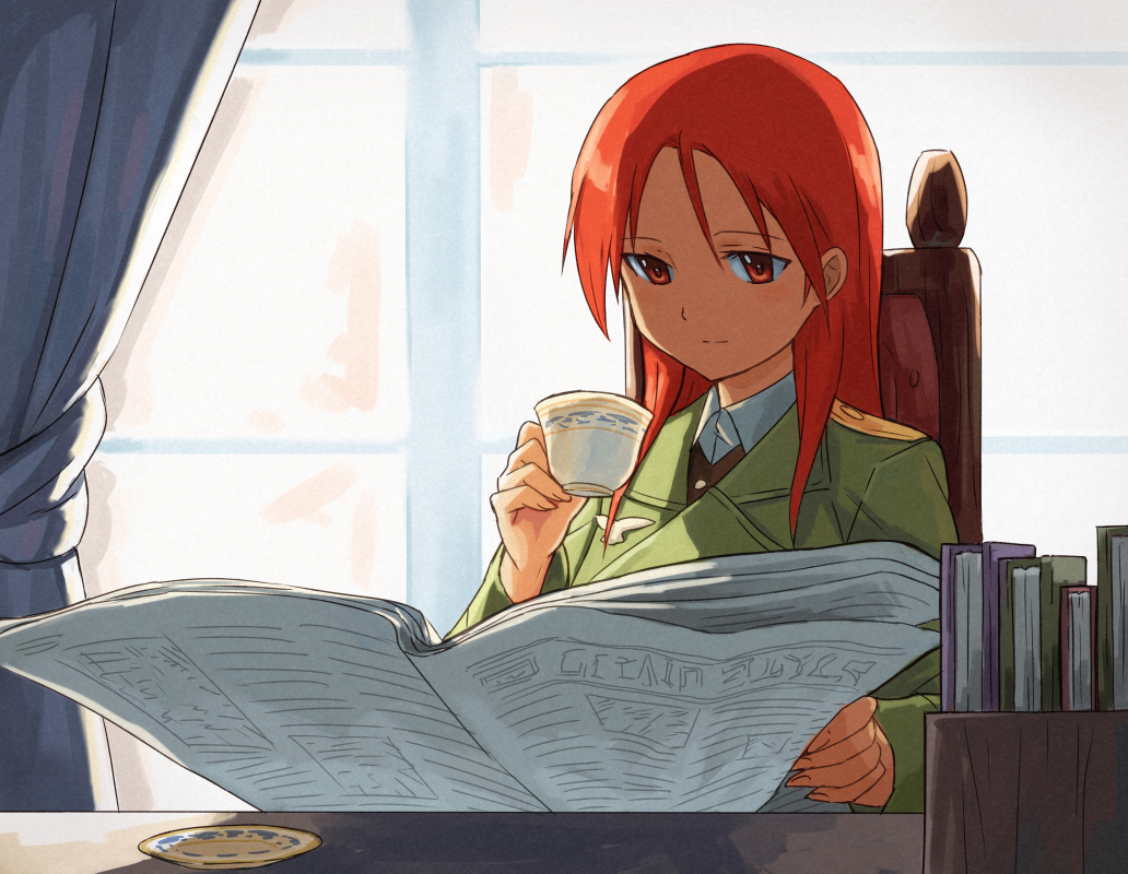 book chair cup curtains military military_uniform minna-dietlinde_wilcke newspaper plate red_eyes red_hair shibasaki_shouji sitting solo strike_witches teacup uniform window world_witches_series