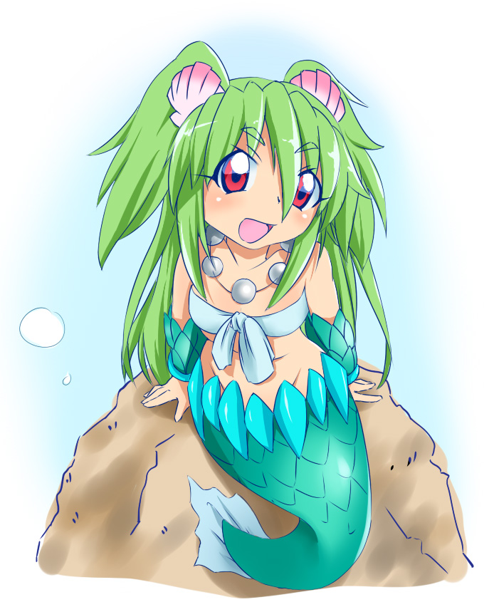 bad_id bad_pixiv_id banned_artist green_hair jewelry mermaid mikomu monster_girl muromi-san namiuchigiwa_no_muromi-san necklace red_eyes seashell shell solo twintails two_side_up