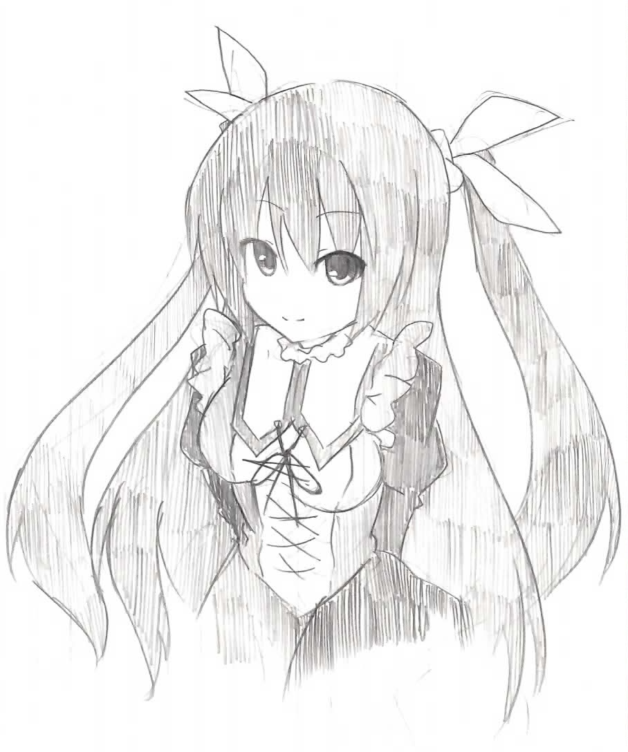 bad_id bad_pixiv_id breasts copyright_request greyscale long_hair looking_at_viewer medium_breasts monochrome simple_background sketch smile solo very_long_hair white_background yuuani