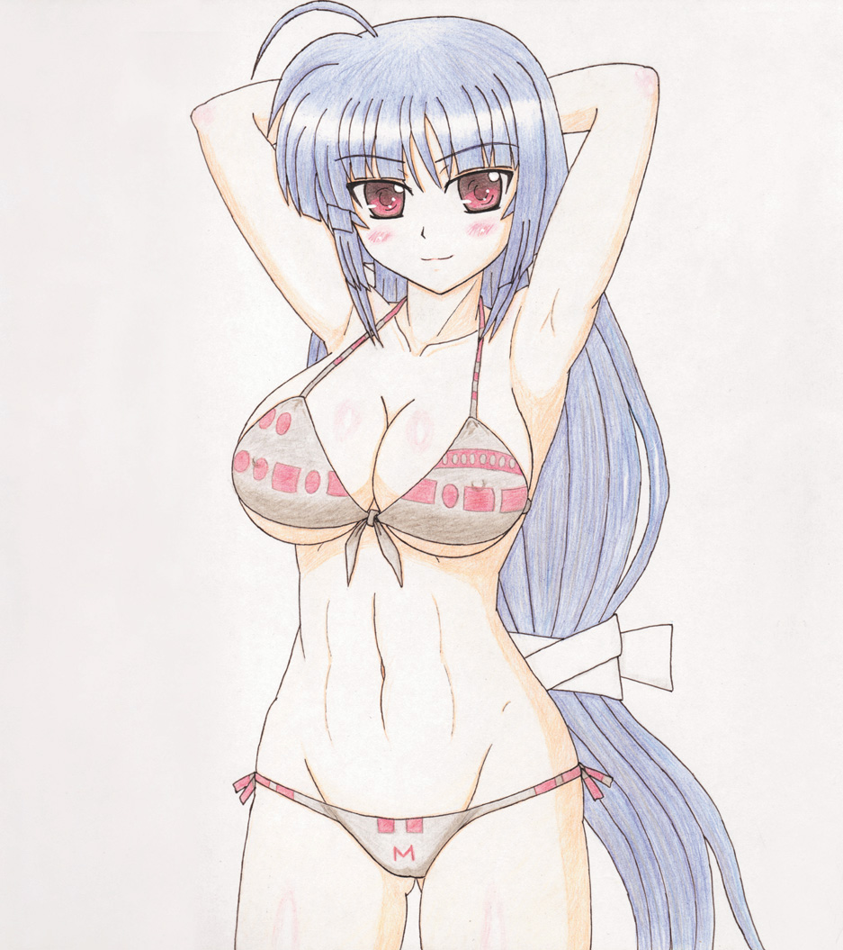 abs ahoge armpits bikini blue_hair blush breasts cleavage front-tie_top hair_ribbon jabujabu large_breasts light_smile long_hair lowleg lowleg_bikini lyrical_nanoha mahou_shoujo_lyrical_nanoha_vivid micaiah_chevelle navel purple_hair red_eyes ribbon smile solo swimsuit traditional_media underboob very_long_hair