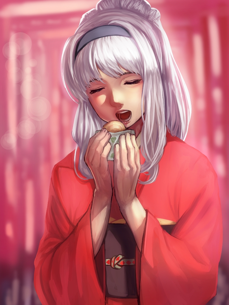 bukimi_isan closed_eyes eating food hairband idolmaster idolmaster_(classic) japanese_clothes kimono long_hair open_mouth red_kimono shijou_takane solo upper_body white_hair yukata