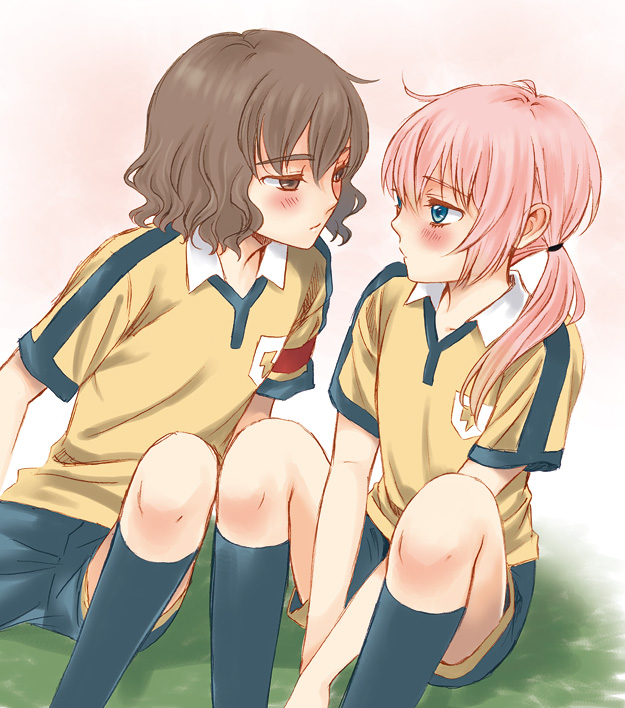 aisakaoto armband blue_eyes blush brown_eyes brown_hair imminent_kiss inazuma_eleven_(series) inazuma_eleven_go kirino_ranmaru lightning_bolt long_hair male_focus multiple_boys pink_hair raimon raimon_soccer_uniform shindou_takuto sitting soccer_uniform sportswear twintails yaoi