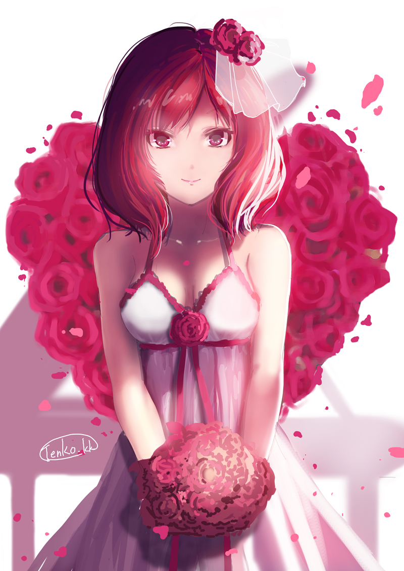 bouquet breasts dress flower hair_flower hair_ornament looking_at_viewer love_live! love_live!_school_idol_project medium_breasts nishikino_maki petals purple_eyes red_flower red_hair red_rose rose short_hair simple_background smile solo tenko