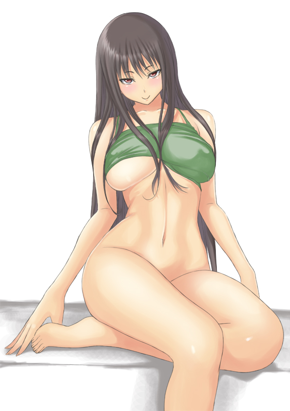 bare_shoulders barefoot black_hair blush bottomless breasts camisole green_shirt large_breasts long_hair muffin_(sirumeria) navel original red_eyes shirt sitting smile solo underboob