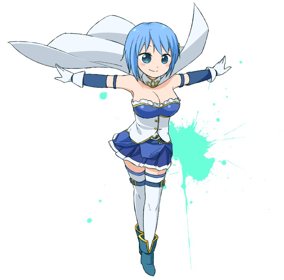 abekawa alternate_breast_size blue_eyes blue_hair breasts cape cleavage detached_sleeves gloves large_breasts magical_girl mahou_shoujo_madoka_magica miki_sayaka simple_background solo thighhighs white_background white_gloves white_legwear