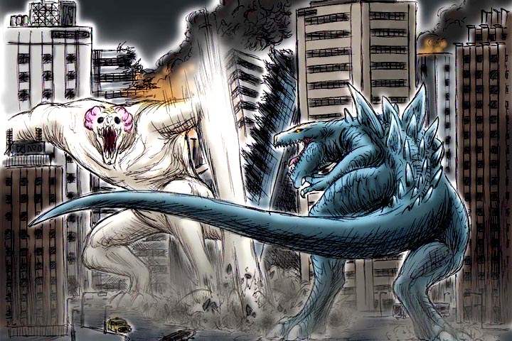 ambiguous_gender bigger_version_at_the_source black_eyes blue_skin building car city claws cloverfield_monster destruction gm_a_g_dw godzilla_(series) kaiju monster spines teeth toe_claws vehicle white_skin yellow_eyes zilla