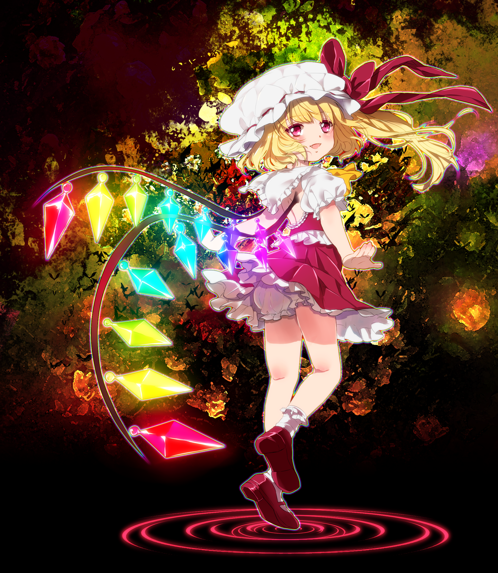 ascot backless_outfit banned_artist blonde_hair bloomers capelet flandre_scarlet glowing glowing_wings hat hat_ribbon looking_at_viewer looking_back open_mouth pink_eyes poko_(mammypoko) ribbon shirt side_ponytail skirt skirt_set smile solo touhou underwear vest waves wind wind_lift wings
