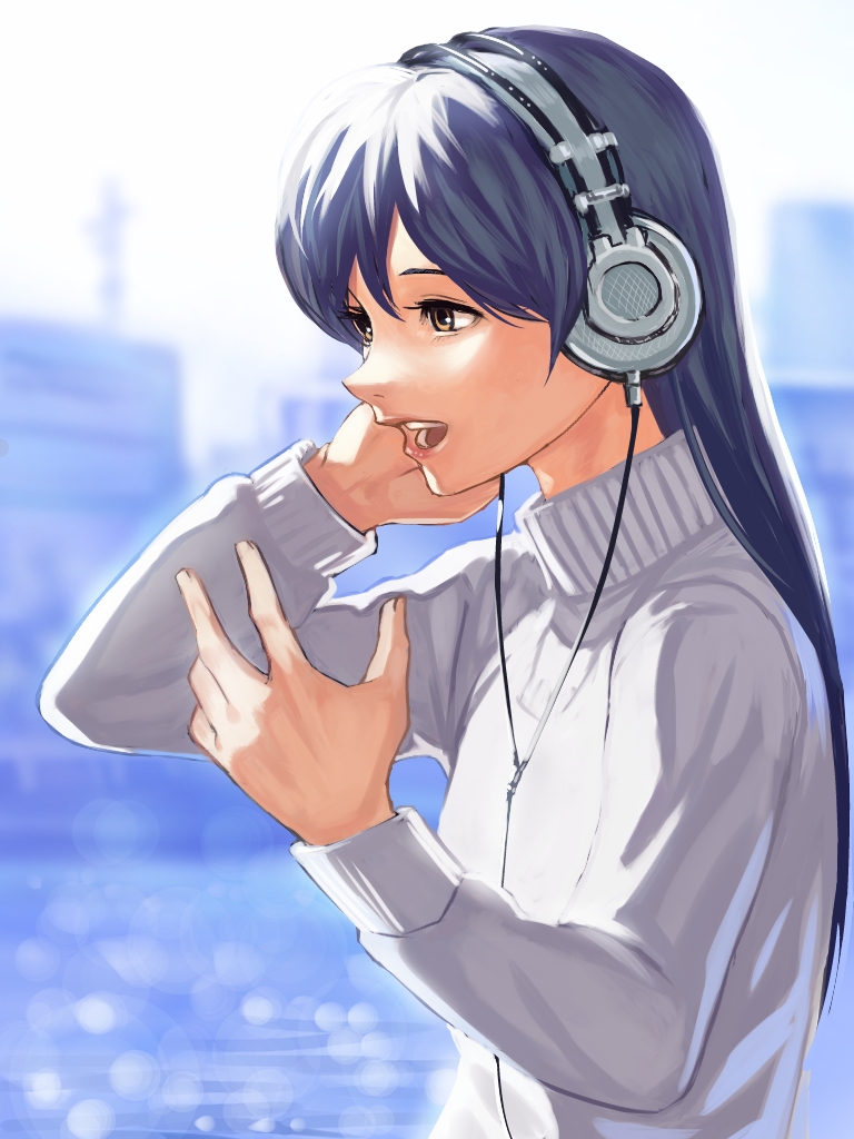 blue_hair brown_eyes bukimi_isan headphones idolmaster idolmaster_(classic) kisaragi_chihaya long_hair music open_mouth singing solo sweater upper_body