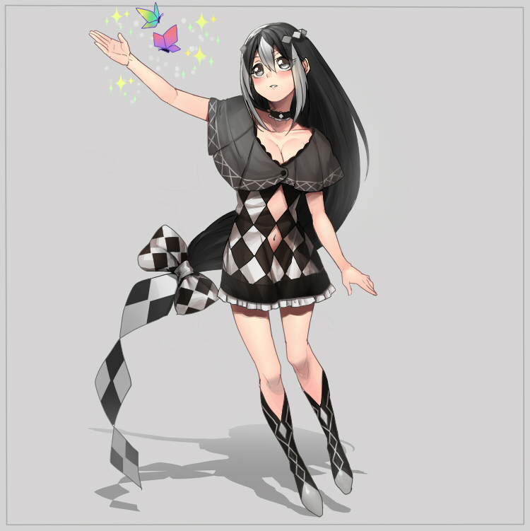 bad_id bad_tinami_id black_hair blush boots bow breasts bug butterfly capelet choker cleavage dress erubo grey_background grey_eyes grey_hair hair_bow insect large_breasts long_hair multicolored_hair navel navel_cutout original outstretched_arm shadow short_dress simple_background solo sparkle