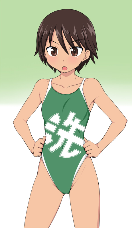 :o brown_eyes brown_hair collarbone competition_swimsuit cowboy_shot girls_und_panzer hands_on_hips isobe_noriko one-piece_swimsuit open_mouth short_hair standing swimsuit tanaka_rikimaru
