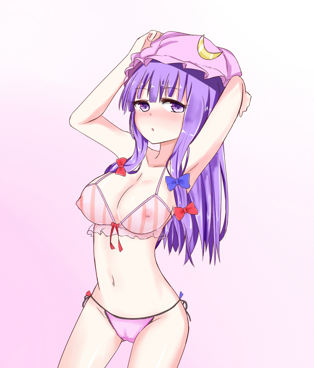 1girl bra breasts female hat highres long_hair naigou navel nipples panties patchouli_knowledge pink_bra pink_panties purple_eyes purple_hair see-through solo swimsuit touhou underwear