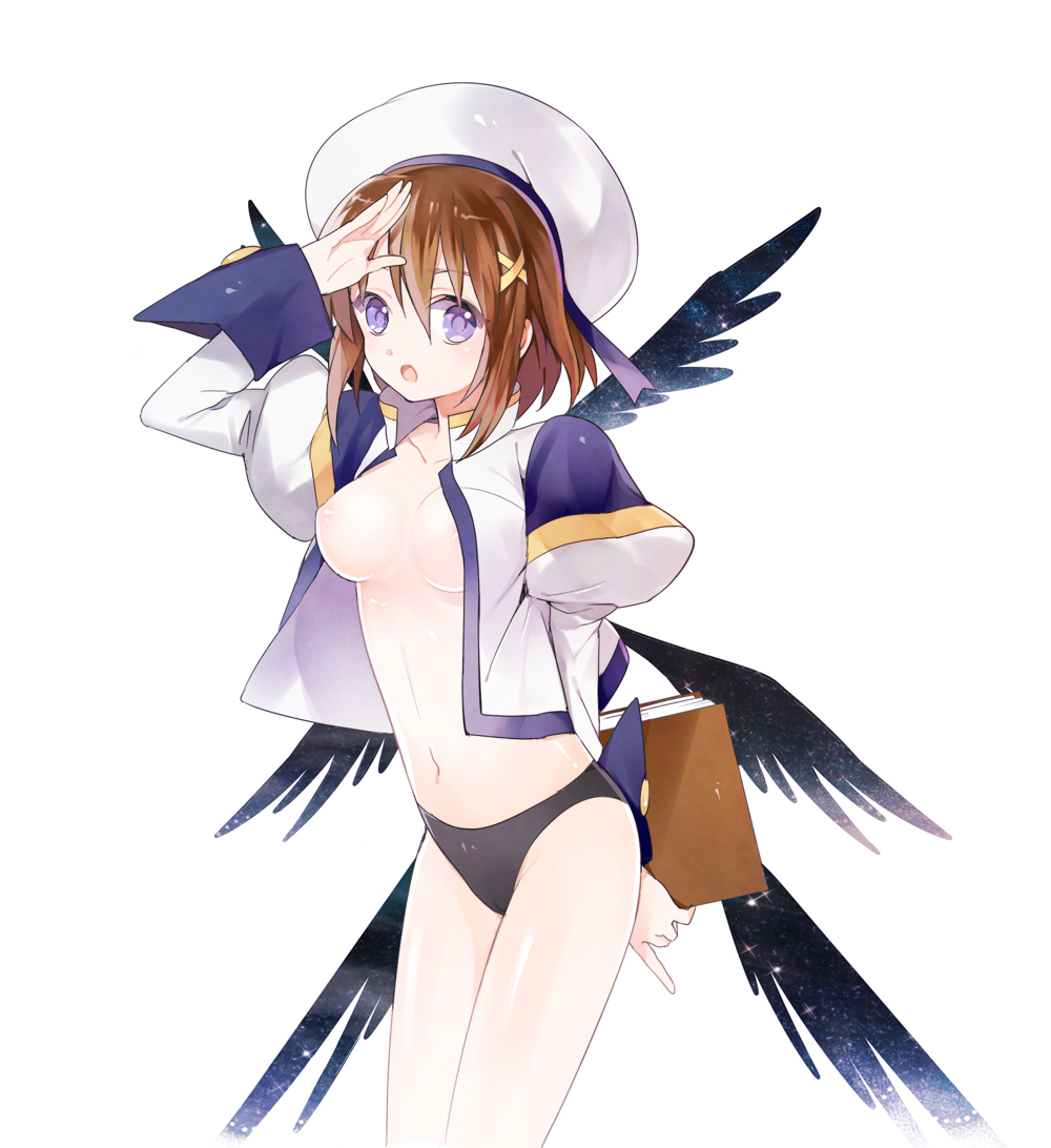 :d black_panties black_wings book breasts brown_hair hair_ornament hat holding holding_book large_breasts long_sleeves looking_at_viewer lyrical_nanoha mahou_shoujo_lyrical_nanoha_strikers nipples no_bra open_clothes open_mouth open_shirt panties salute shirt simple_background smile tareme underwear white_background wings x_hair_ornament yagami_hayate