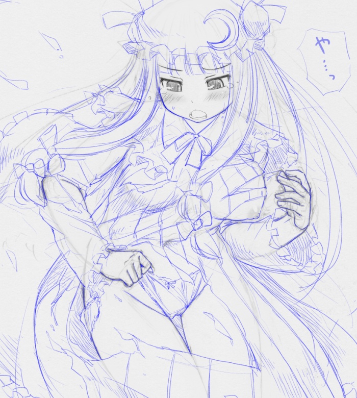 blush bow breasts crescent dress hair_bow hat hat_ribbon kasuga_yukihito large_breasts long_hair monochrome nipples no_bra panties patchouli_knowledge ribbon sketch solo striped tears torn_clothes torn_dress touhou traditional_media underwear vertical_stripes