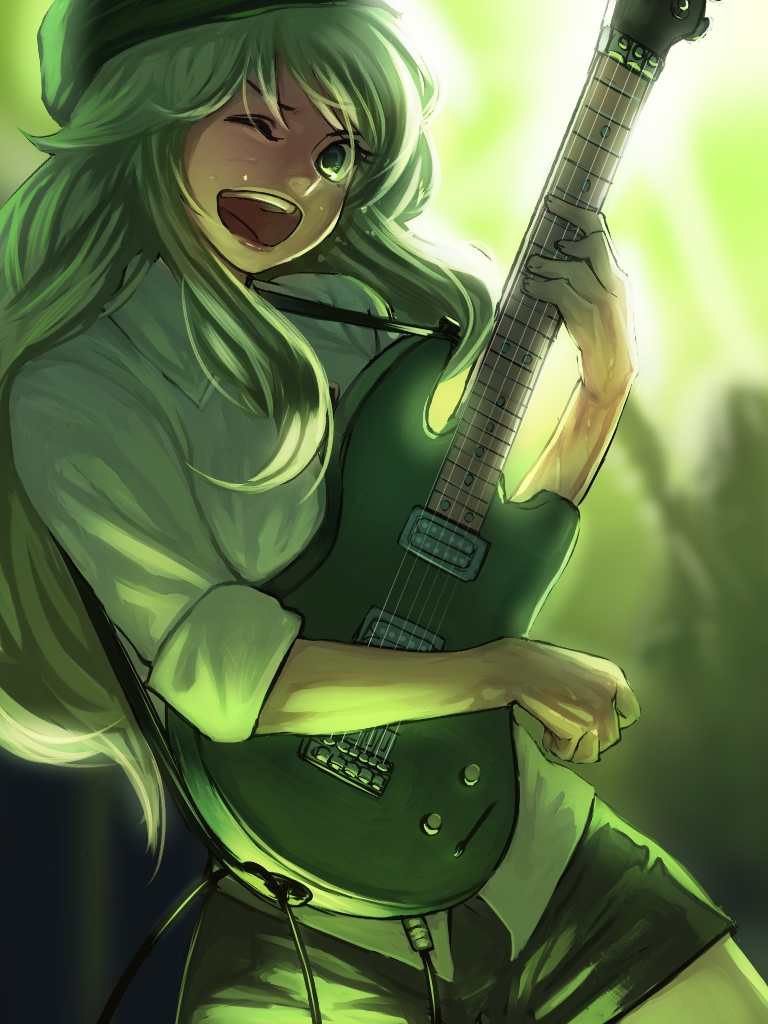 The Big ImageBoard (TBIB) - ;d blonde hair bukimi isan electric guitar green eyes guitar hat hoshii miki idolmaster idolmaster (classic) instrument long hair one eye closed open mouth shirt shorts sleeves