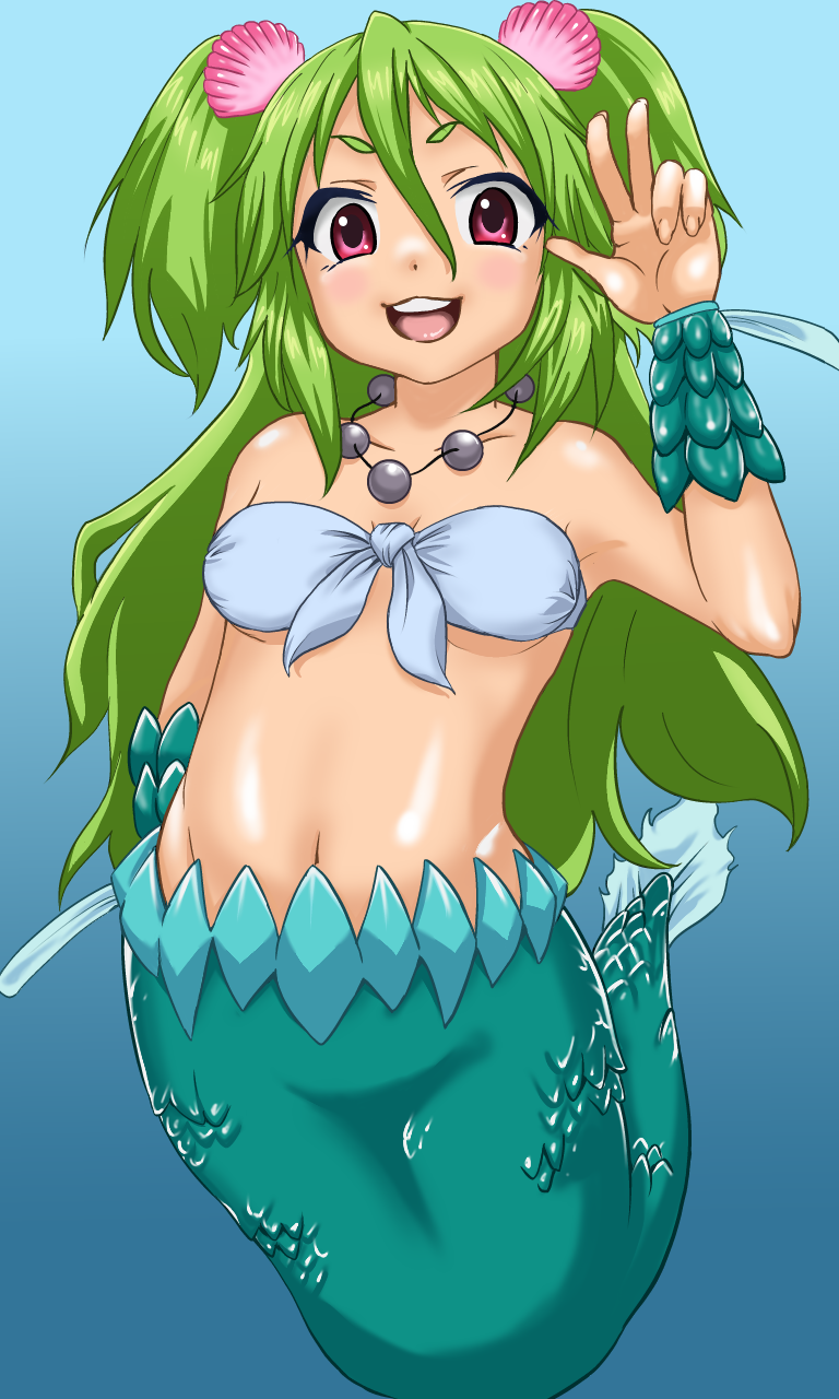 green_hair highres jewelry mermaid monster_girl muromi-san namiuchigiwa_no_muromi-san necklace red_eyes seashell shell solo twintails two_side_up