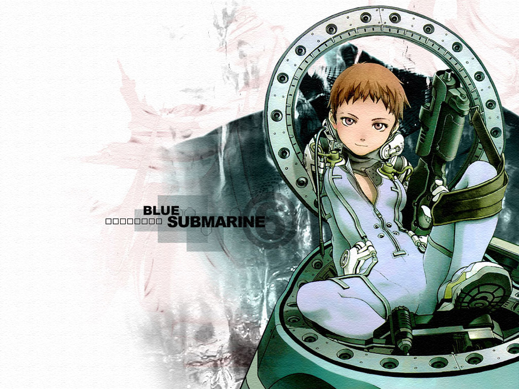 assault_rifle blue_submarine_no_6 bodysuit breasts brown_eyes brown_hair cockpit copyright_name diving_suit gun headset kino_mayumi murata_renji rifle shoes short_hair small_breasts smile solo spread_legs unzipped wallpaper weapon zipper