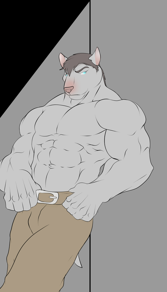 anthro belt biceps big_muscles brown_nose canine clothing dog fur grey_fur grey_hair hair jailbird looking_at_viewer male mammal muscles pants pecs pink_nose pose solo standing toned topless