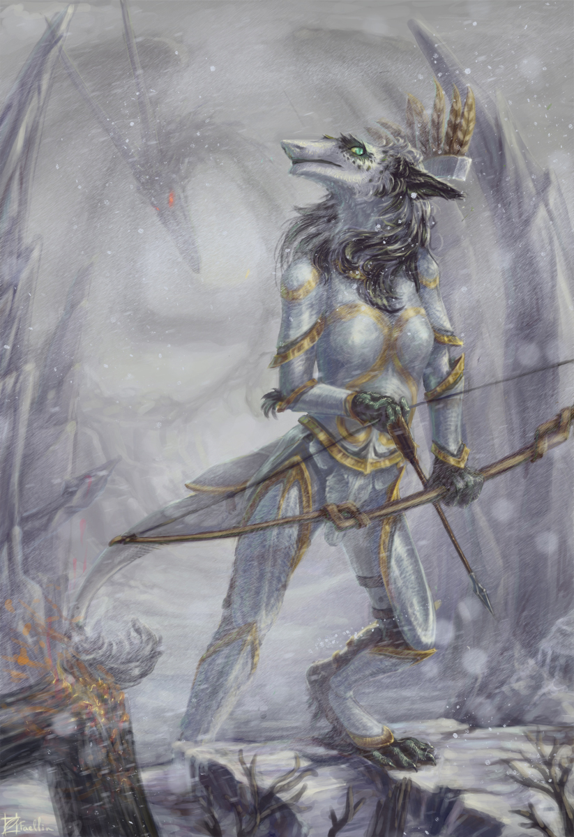 ash bow_(weapon) dantalian_letrou dragon faellin female fire ranged_weapon sergal snow tree weapon winter