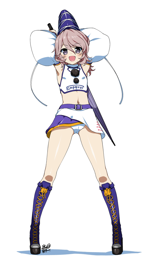 :d alternate_costume armpits arms_up black_eyes blush boots closed_umbrella cross-laced_footwear detached_sleeves full_body grey_hair hat hyouju_issei lace-up_boots looking_at_viewer midriff mononobe_no_futo navel open_mouth ponytail race_queen simple_background smile solo tate_eboshi thighs touhou umbrella