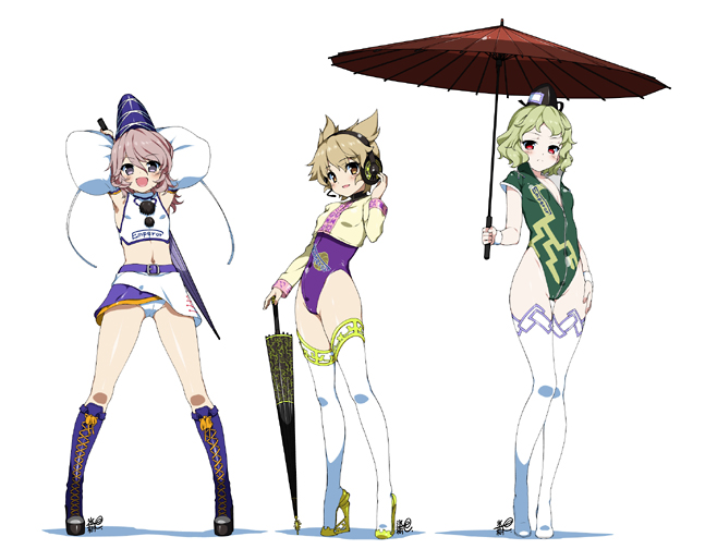 :d alternate_costume armpits arms_up black_eyes blush boots brown_eyes brown_hair closed_umbrella covered_navel cross-laced_footwear detached_sleeves green_hair green_leotard grey_hair hand_on_thigh hat headset high_heels hyouju_issei lace-up_boots leotard long_sleeves looking_at_viewer midriff mononobe_no_futo multiple_girls navel one-piece_swimsuit open_mouth oriental_umbrella planted_umbrella ponytail purple_leotard race_queen red_eyes shoes short_hair simple_background smile soga_no_tojiko swimsuit tate_eboshi thigh_boots thighhighs touhou toyosatomimi_no_miko umbrella white_background