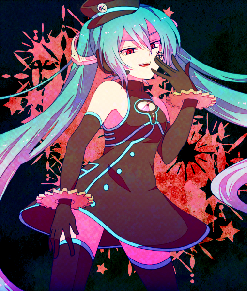 akasata aqua_hair bad_id bad_pixiv_id dress gears hat hatsune_miku headset long_hair peaked_cap project_diva_(series) project_diva_f red_eyes sadistic_music_factory_(vocaloid) solo thighhighs twintails very_long_hair vocaloid