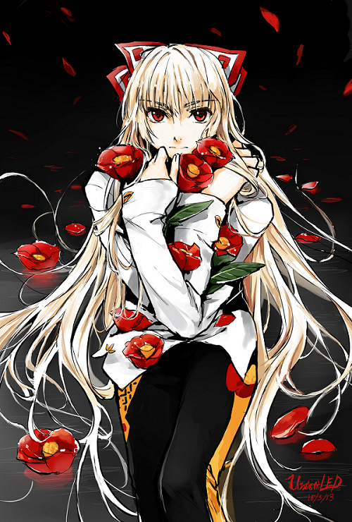 artist_name bad_id bad_pixiv_id crossed_arms dated fancybetty flower fujiwara_no_mokou hair_ribbon long_hair looking_at_viewer pants parody pose red_eyes ribbon shirt signature solo style_parody touhou very_long_hair white_hair white_shirt